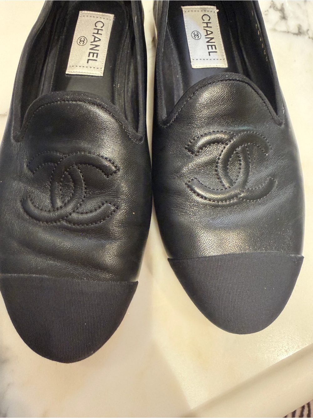 CHANEL Black Leather CC Logo Cap-Toe Slip-On Loafers
